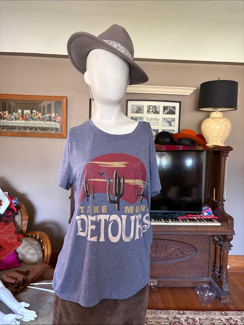 Take More Detours Graphic Tee - Heather Blue with Rust Graphic